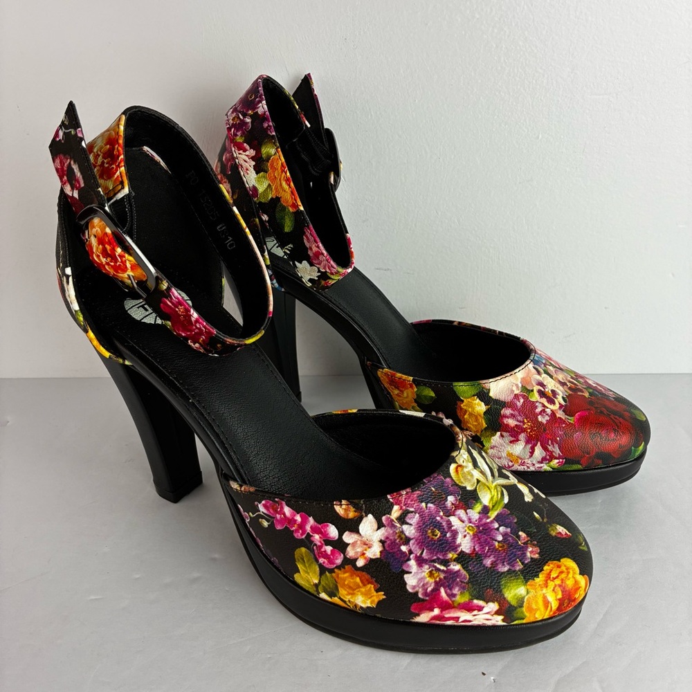 T.U.K. Starlet Floral Ankle Strap Pumps